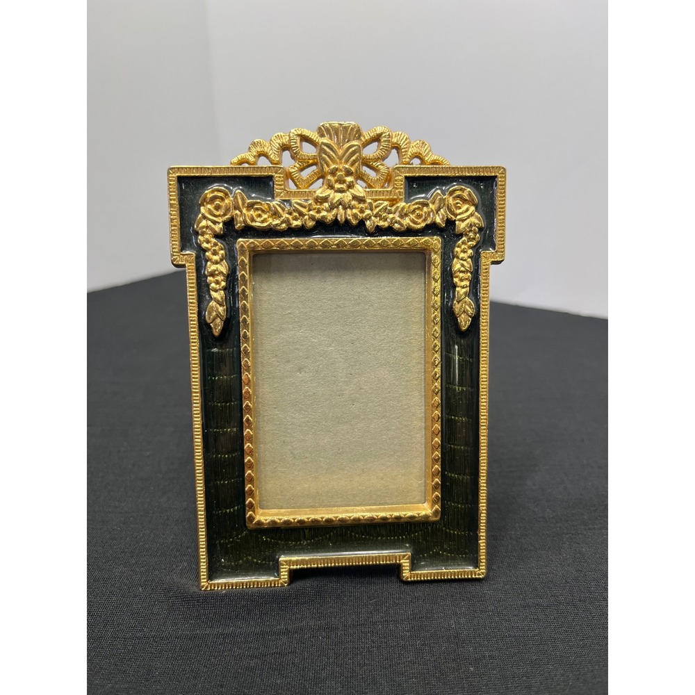 Vintage Gold Tone Ornate Miniature Picture Frame Green Enamel Bow Floral 2 X 3